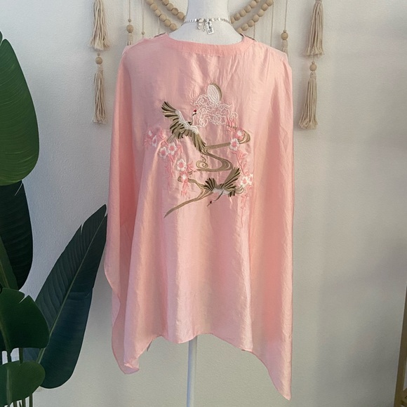 Anthropologie embroidered satin kimono shawl crane one size Japanese style - Picture 11 of 12